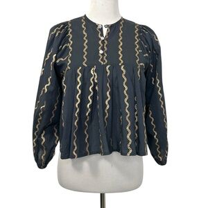 SZ Blockprints Womens Eva Top in Maggi Print Sz Small Blue Gold 3/4 Sleeve